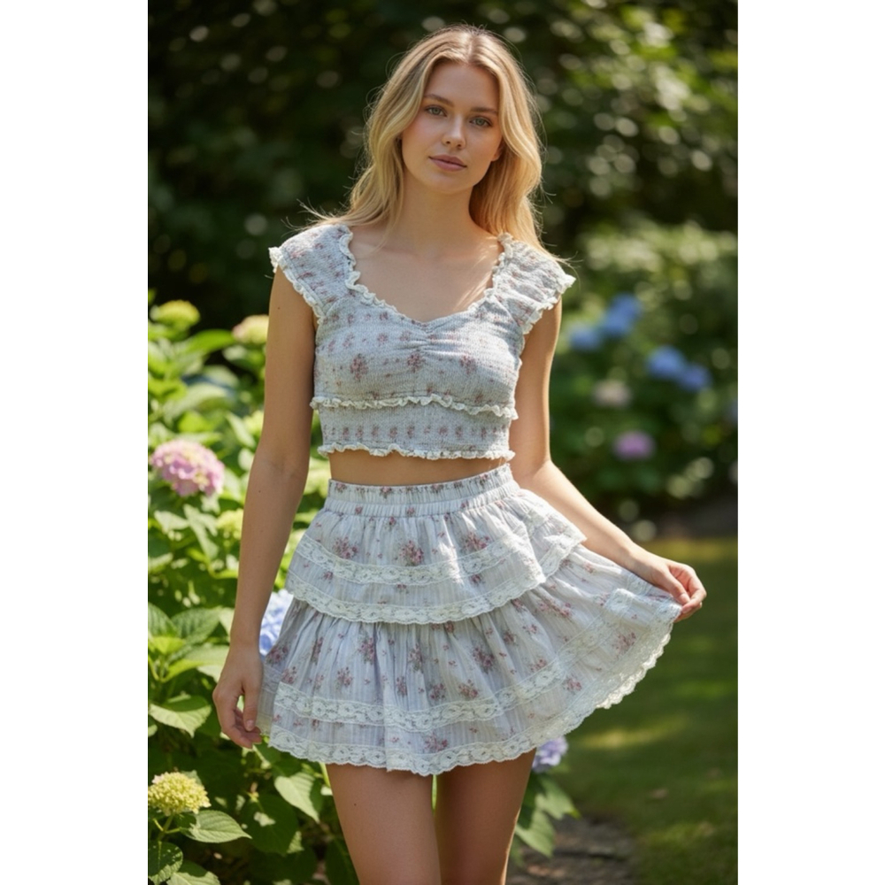 LoveShackFancy Light Blue pink Floral Skirt Set XS